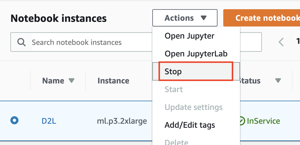 停止SageMaker实例